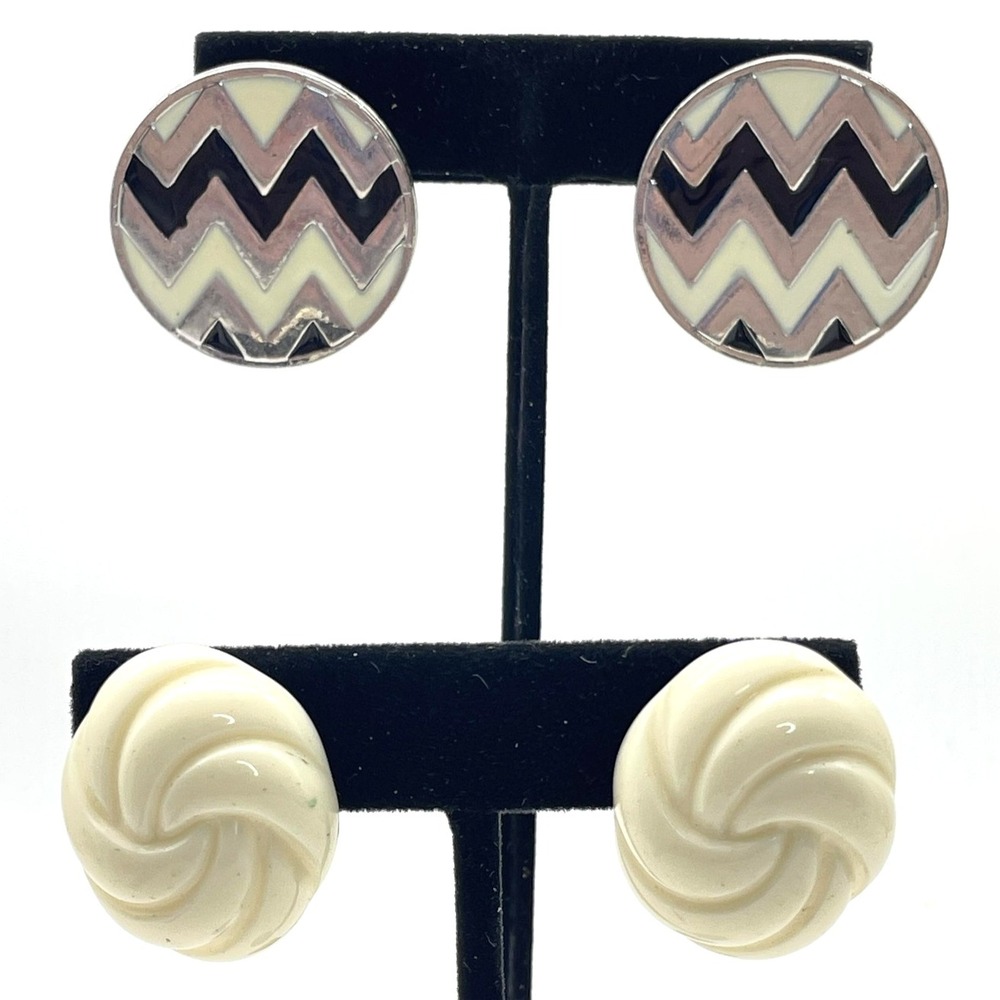 Vintage 80s Statement Earrings Lot of 2 Clip On Post Swirl and Black Chevron